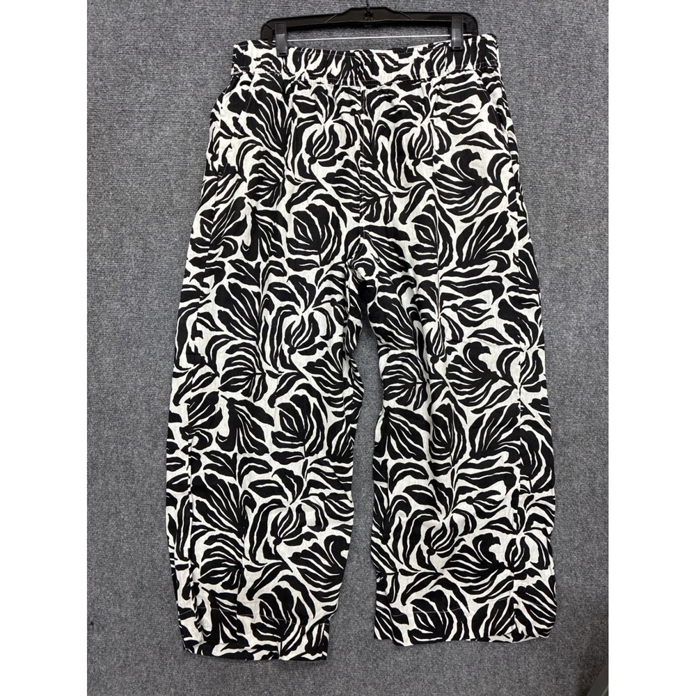 Nicole Miller New York Linen Pants XL Black White Abstract Leaf Print Wide Leg